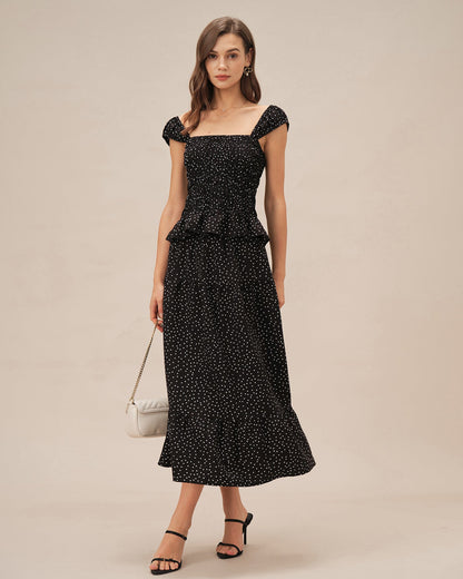 Falda Midi Arrugada con Lunares Negros