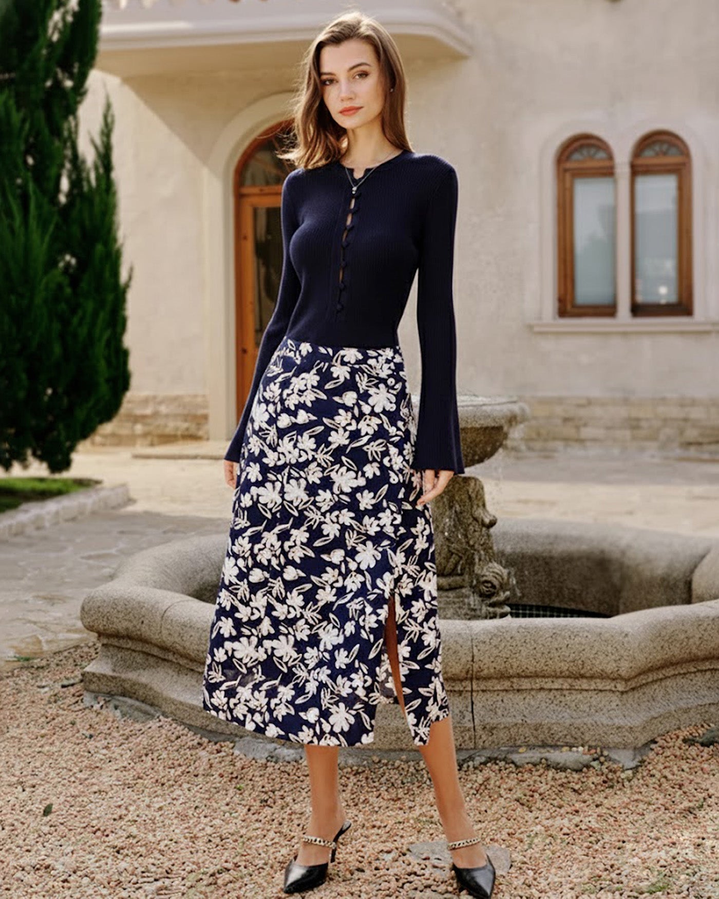 Falda Midi Floral con Abertura