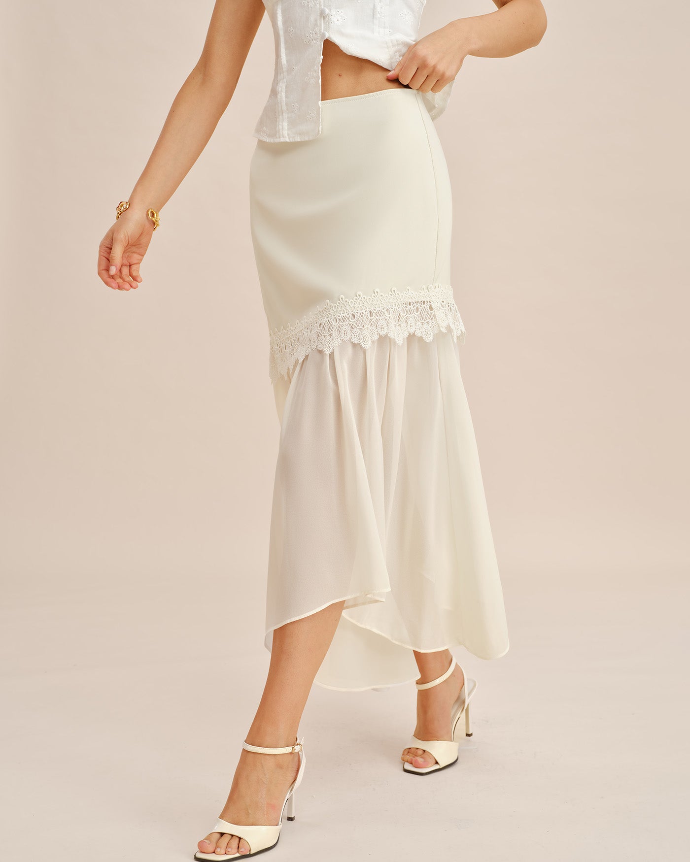 Falda Midi Fluida con Corte en Off White