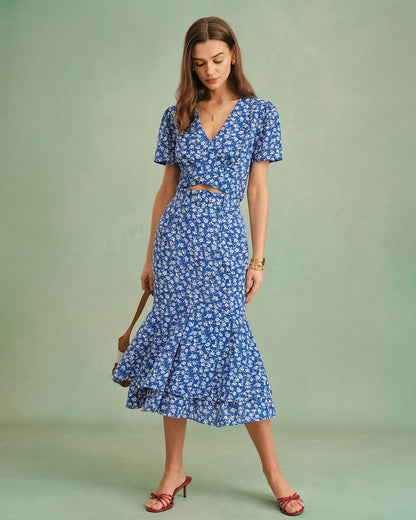 Falda Midi Sirena Floral Azul