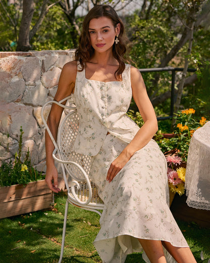 Falda Midi Verde con Flores y Bolsillos