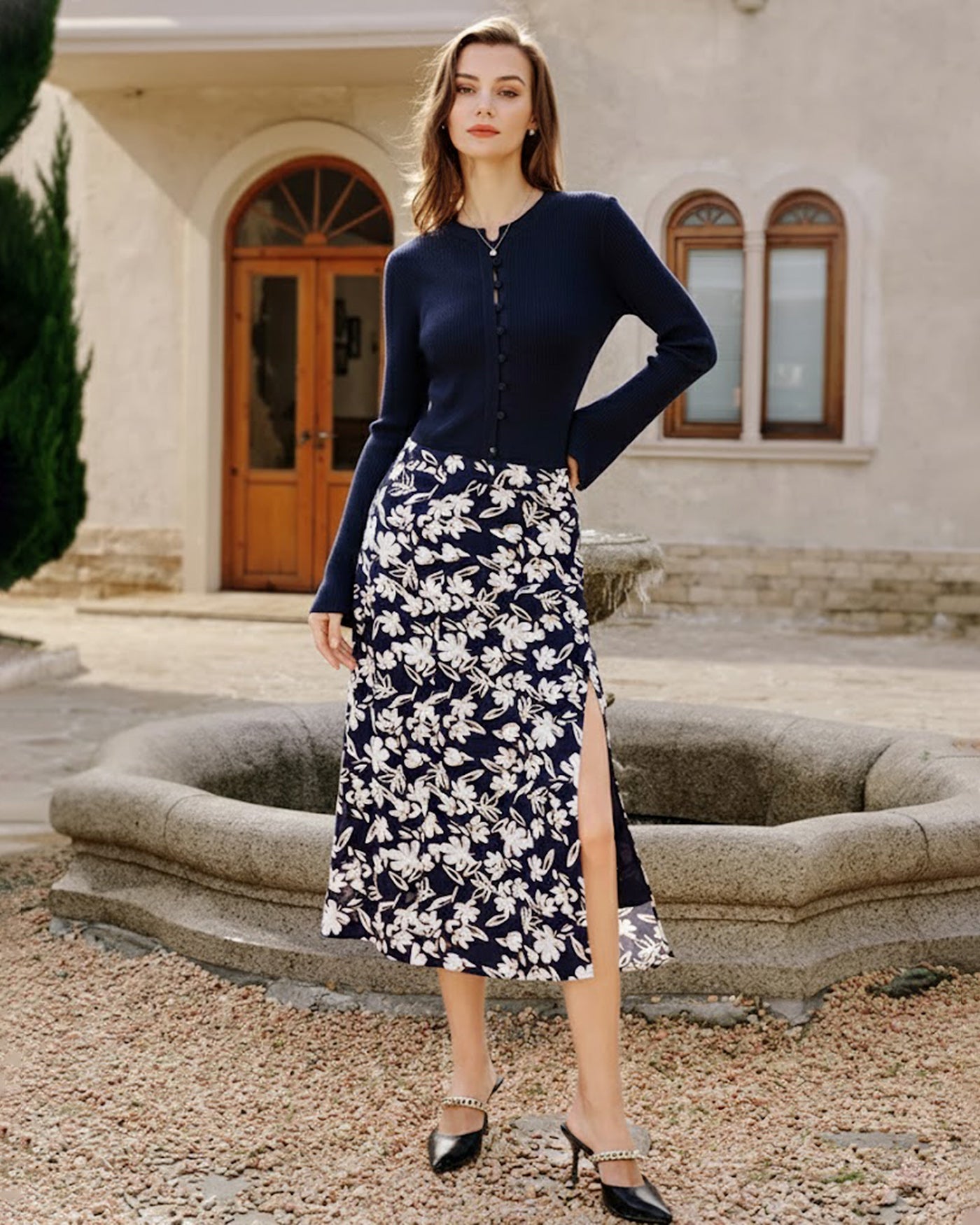 Falda Midi Floral con Abertura