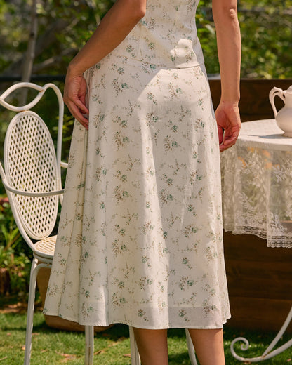 Falda Midi Verde con Flores y Bolsillos