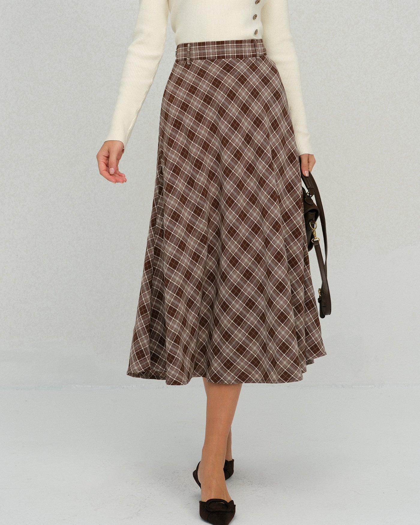 Falda Midi A-Line Floral de Cuadros Marrón
