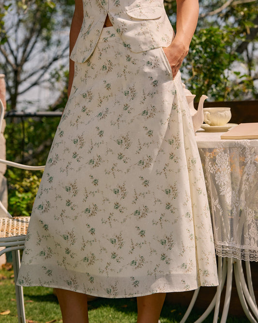 Falda Midi Verde con Flores y Bolsillos