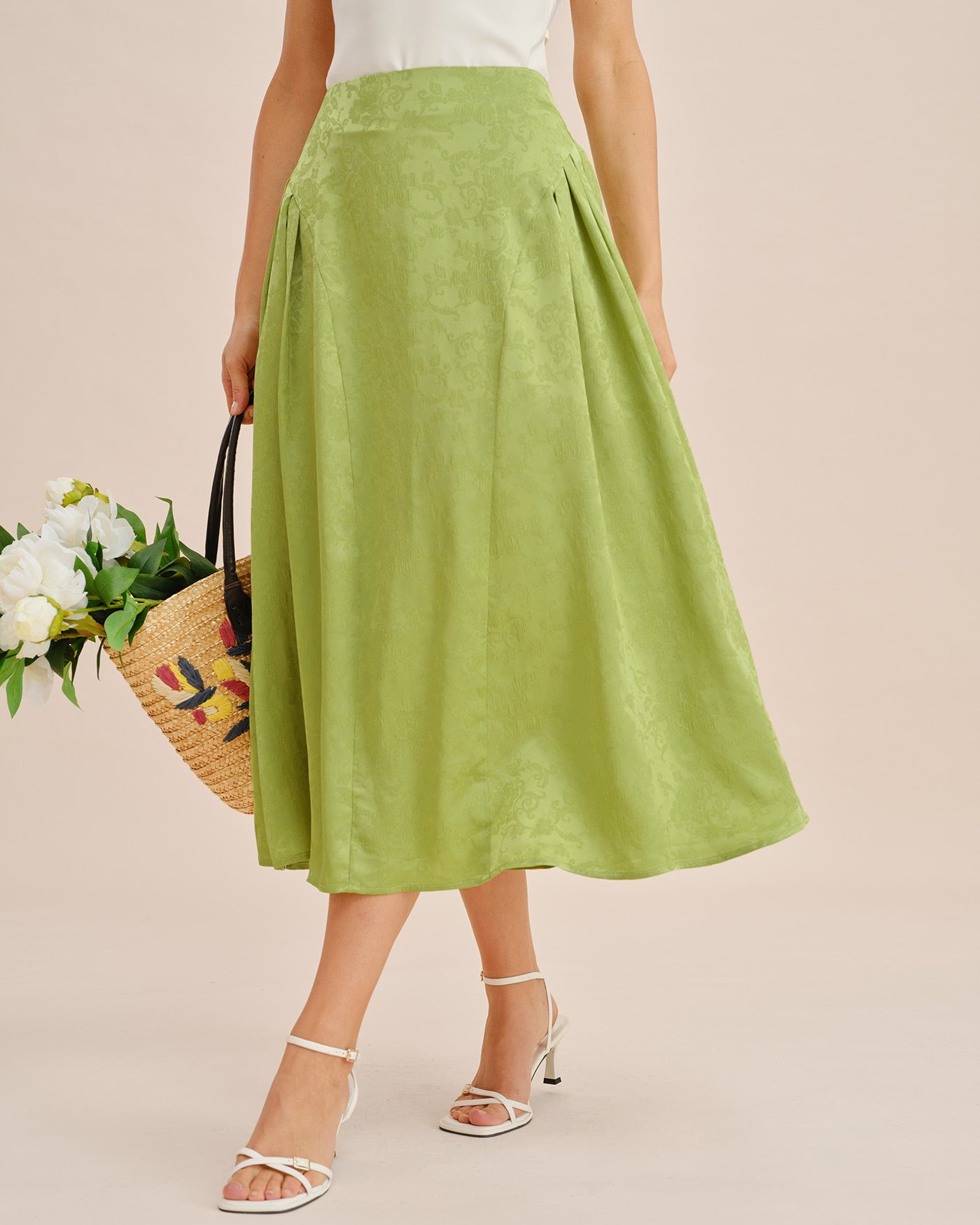 Falda Midi de Satén Jacquard Fruncida Verde