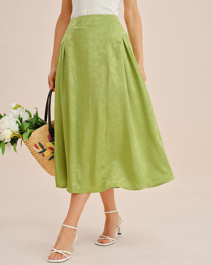 Falda Midi de Satén Jacquard Fruncida Verde