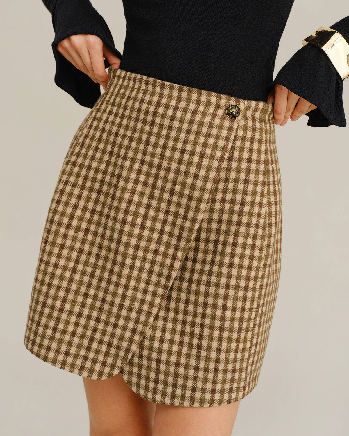 Falda Mini Envoltura de Cuadros Caqui