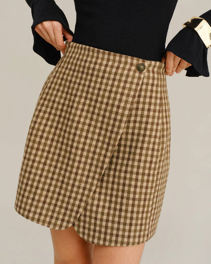 Falda Mini Envoltura de Cuadros Caqui