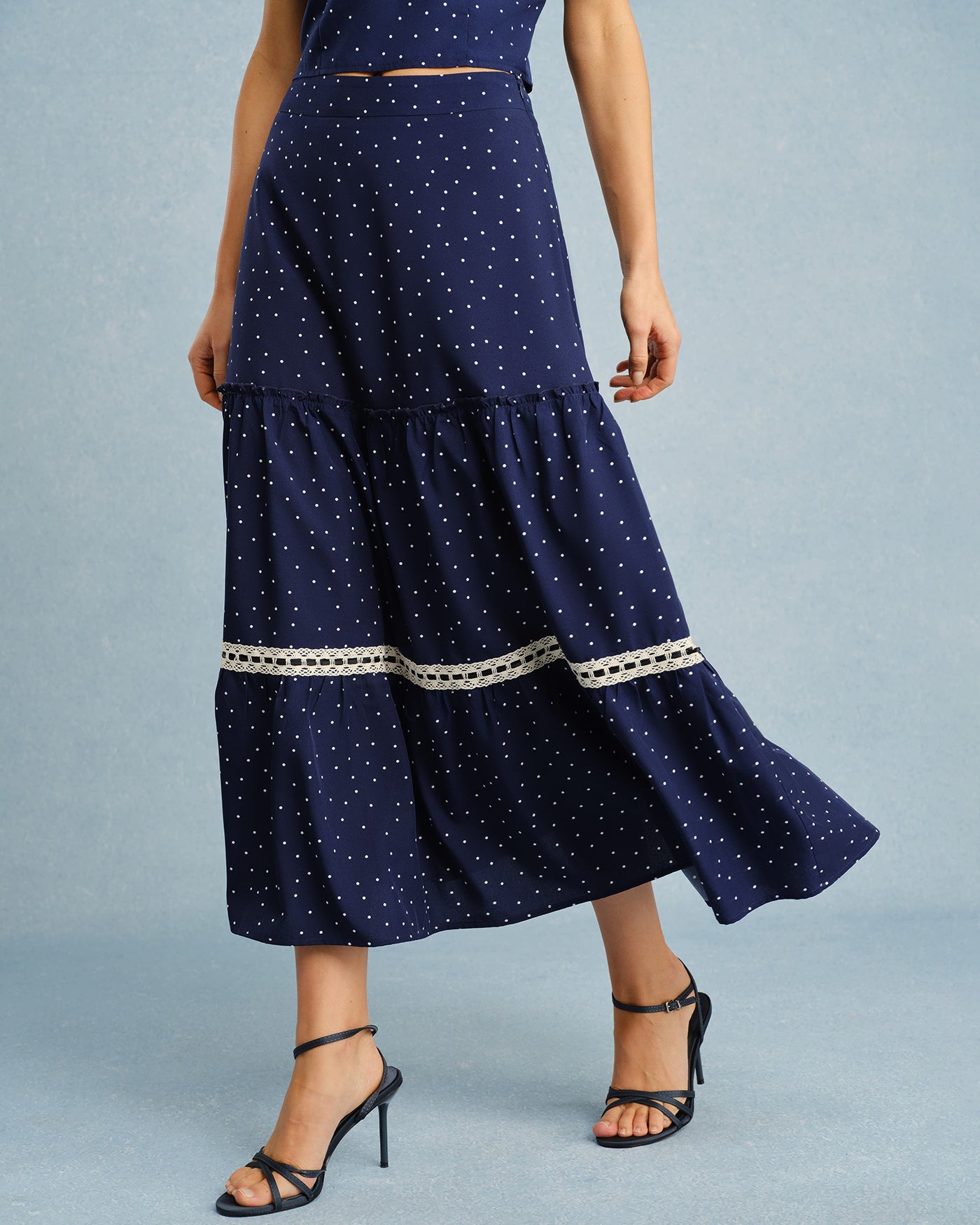 Falda Midi de Encaje con Lunares en Marino