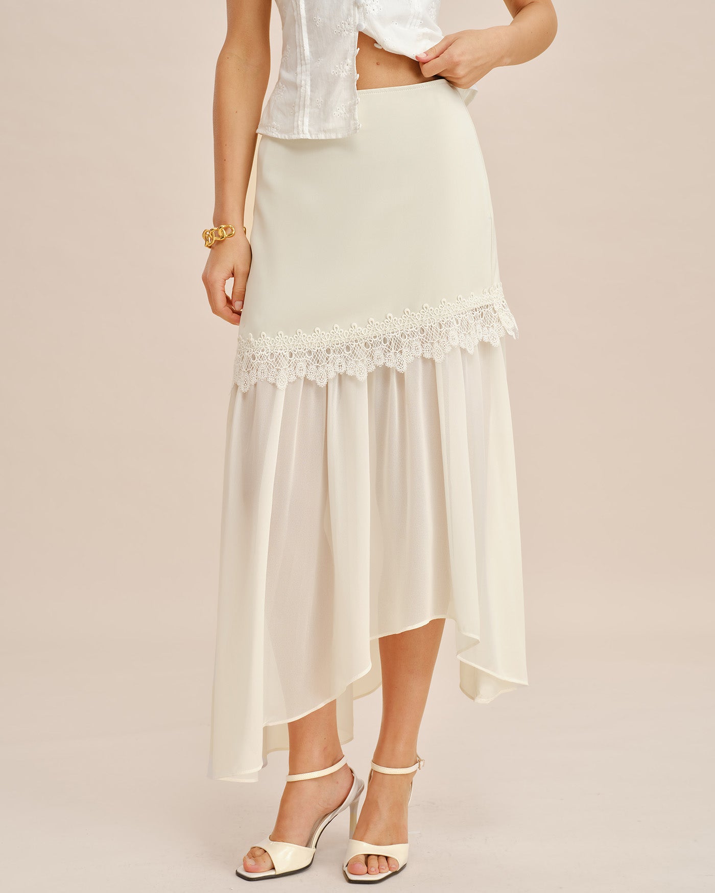 Falda Midi Fluida con Corte en Off White