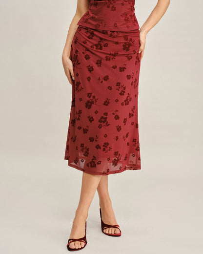 Falda Midi Sirena Floral Roja