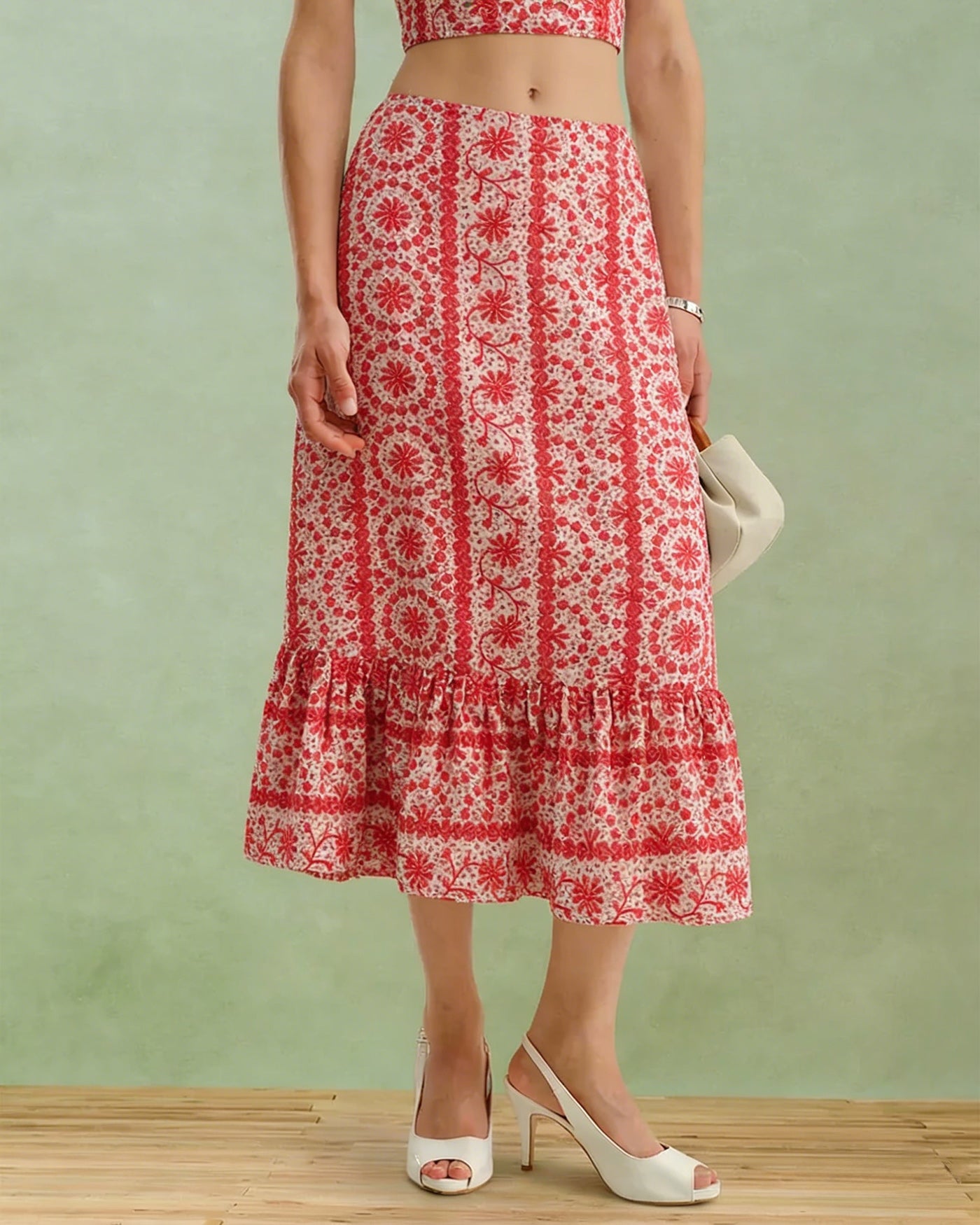 Falda Midi Fruncida Floral Roja