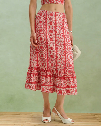 Falda Midi Fruncida Floral Roja