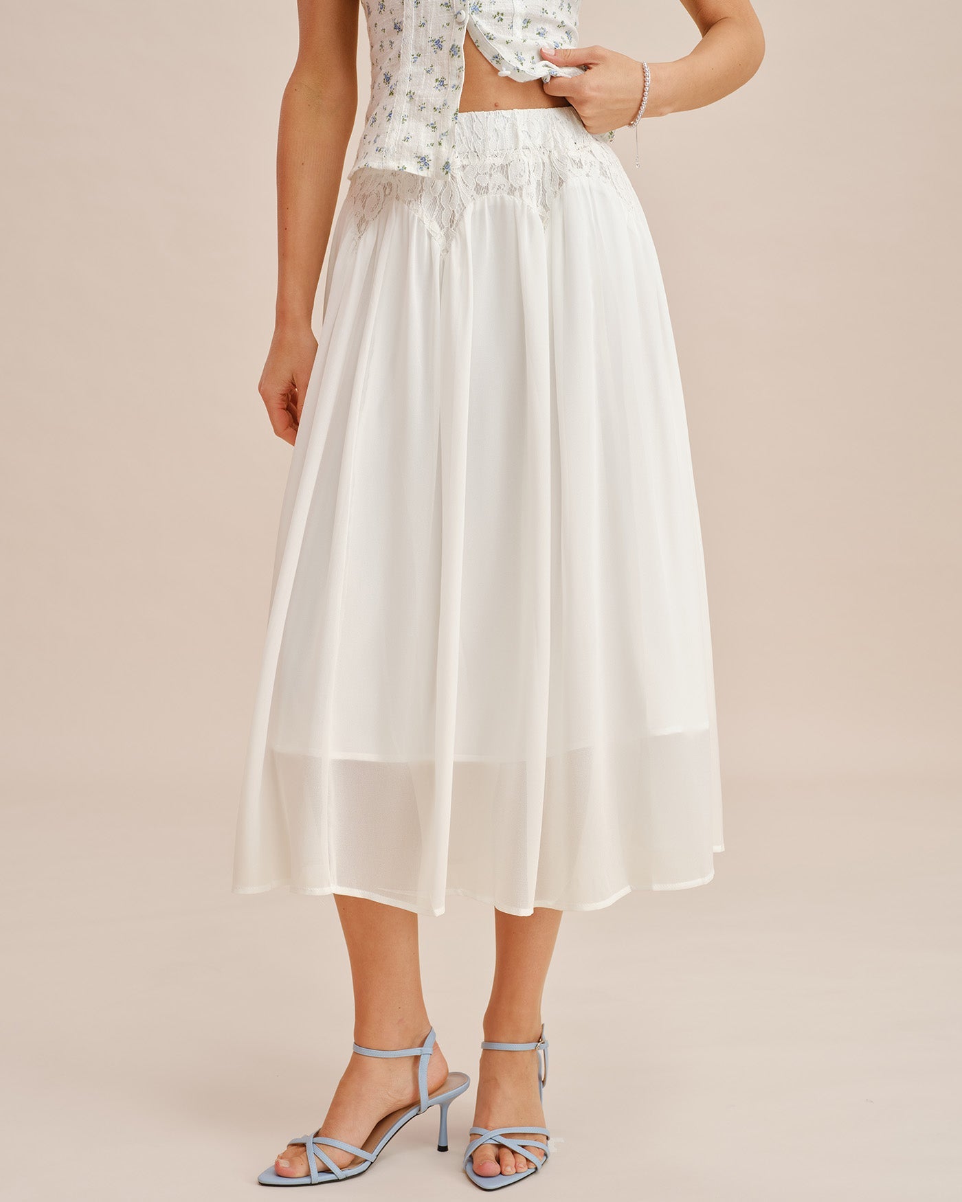 Falda Midi de Cintura Elástica con Encaje Blanco