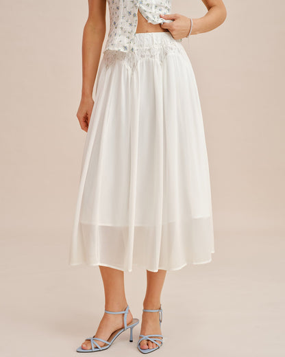 Falda Midi de Cintura Elástica con Encaje Blanco
