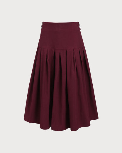 Falda Midi Plisada de Cintura Natural Color Rojo Vino