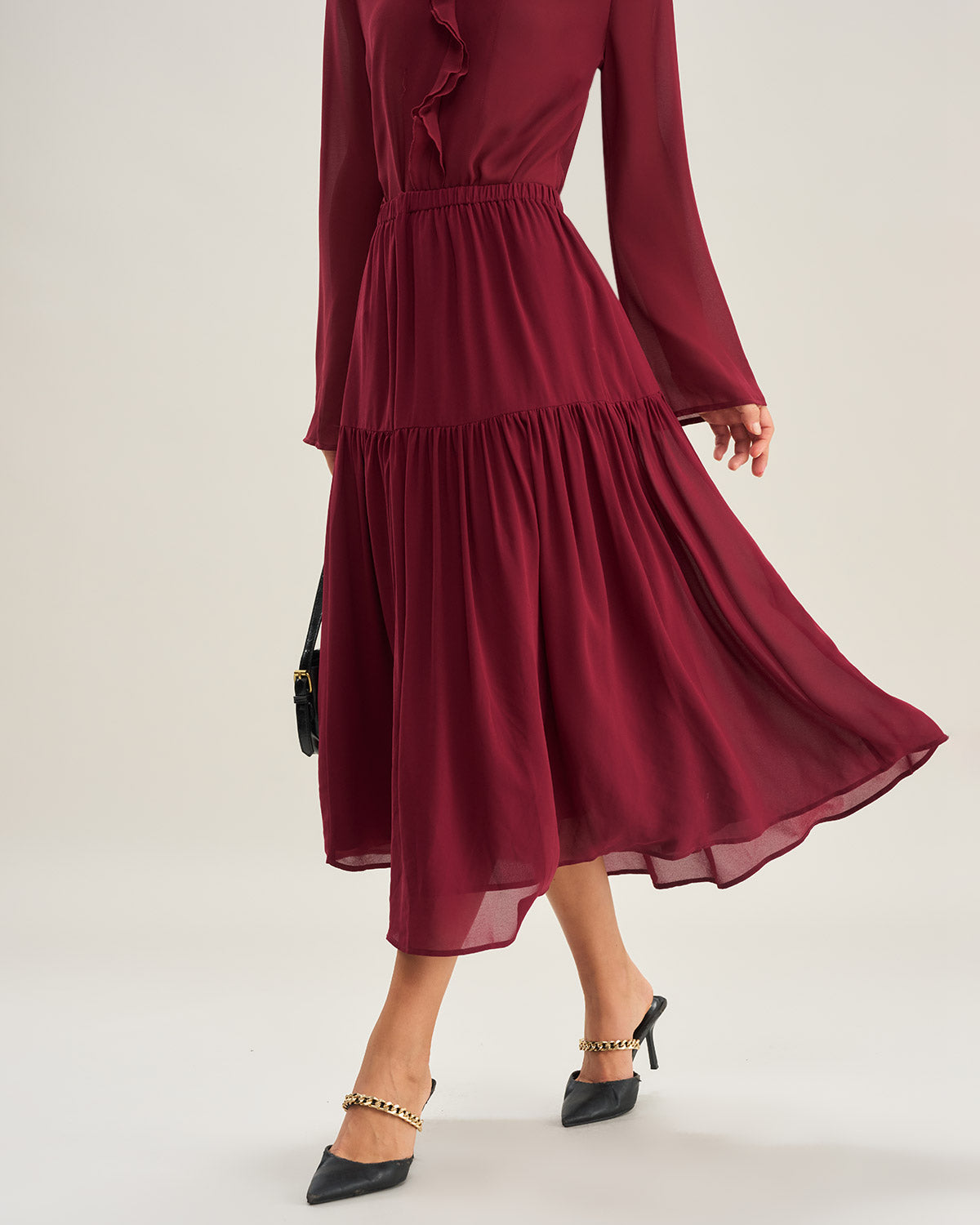 Falda Midi A-Line de Chifón Rojo Vino