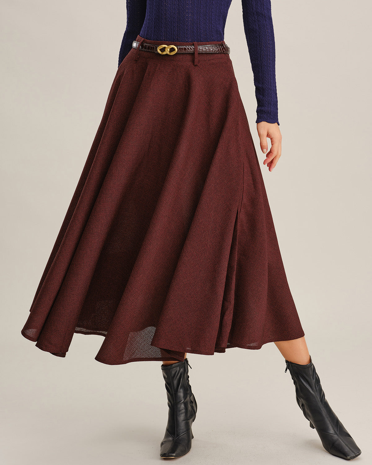 Falda Midi A-Line con Bolsillos Color Rojo Vino