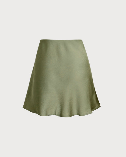 Falda Mini A-Line de Satén Verde con Cintura Elástica