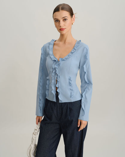Blusa Azul con Volantes y Botones en V