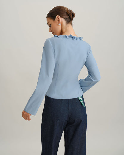 Blusa Azul con Volantes y Botones en V