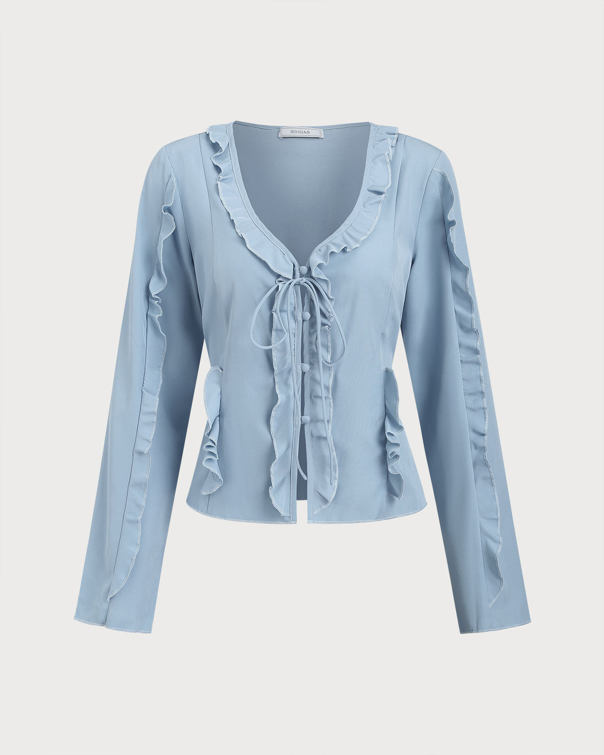 Blusa Azul con Volantes y Botones en V