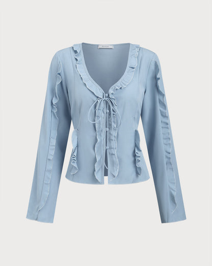 Blusa Azul con Volantes y Botones en V