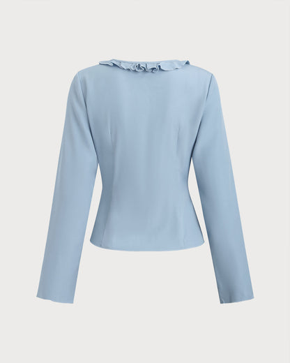 Blusa Azul con Volantes y Botones en V