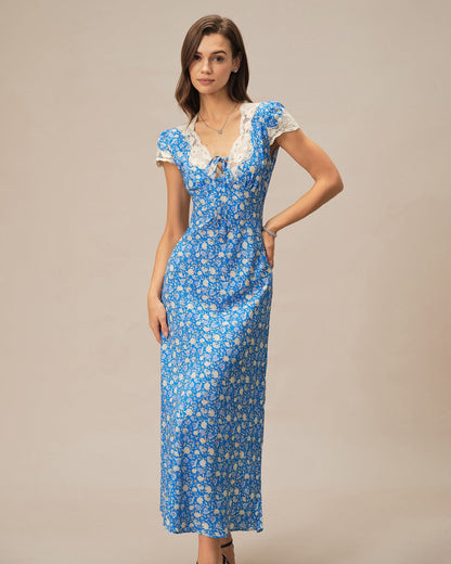 Vestido Maxi Floral con Escote en V Azul
