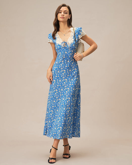 Vestido Maxi Floral con Escote en V Azul