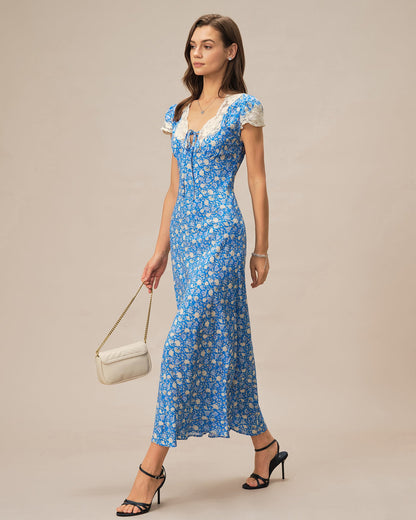 Vestido Maxi Floral con Escote en V Azul