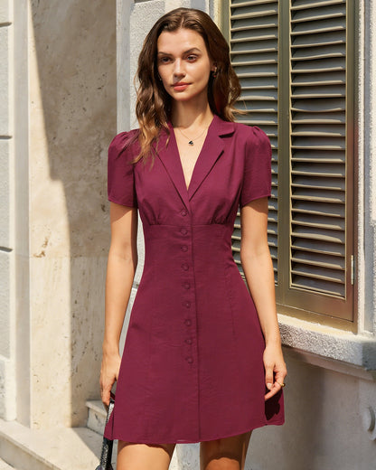 Vestido Mini Rojo con Cuello en V y Botones