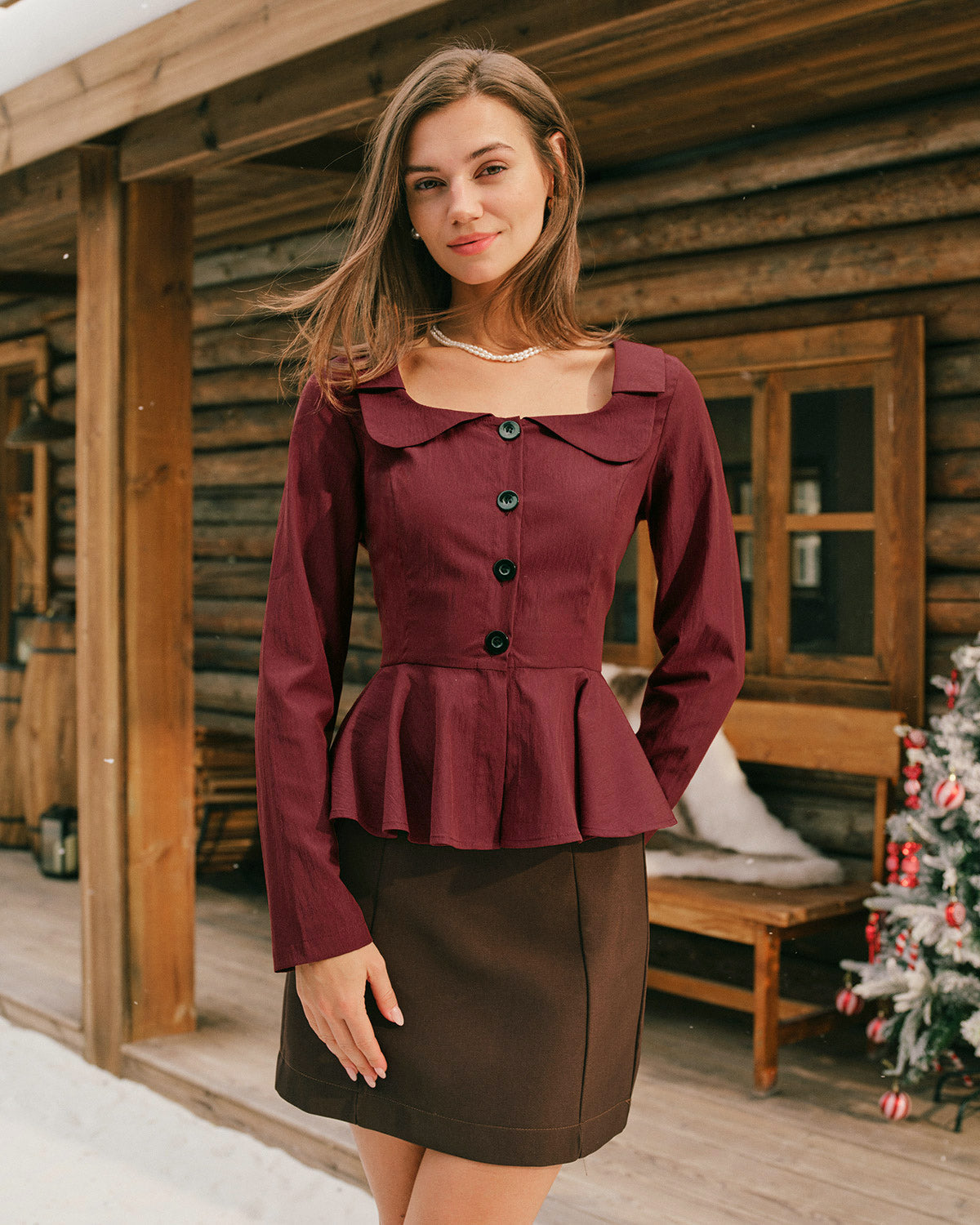 Blusa de Viscosa de Cuello Cuadrado Rojo Ladrillo