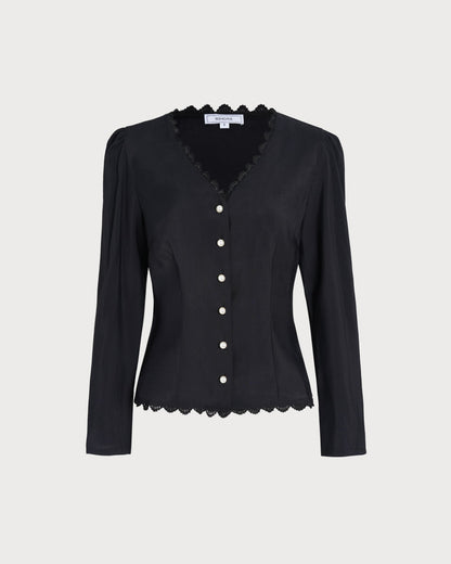 Blusa de Encaje Negra con Cuello en V