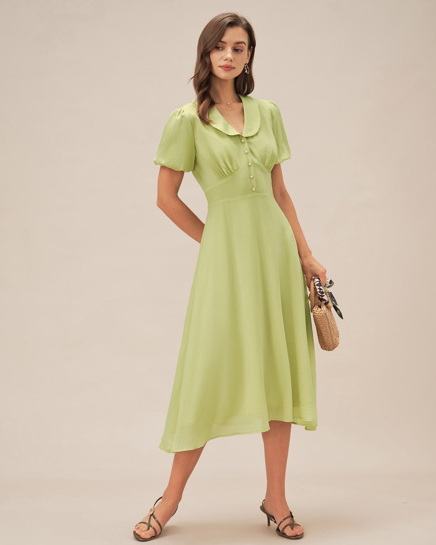 Vestido Midi Botón de Cuello Verde