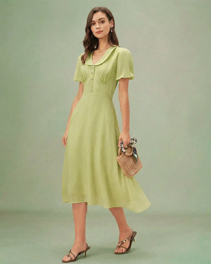 Vestido Midi Botón de Cuello Verde