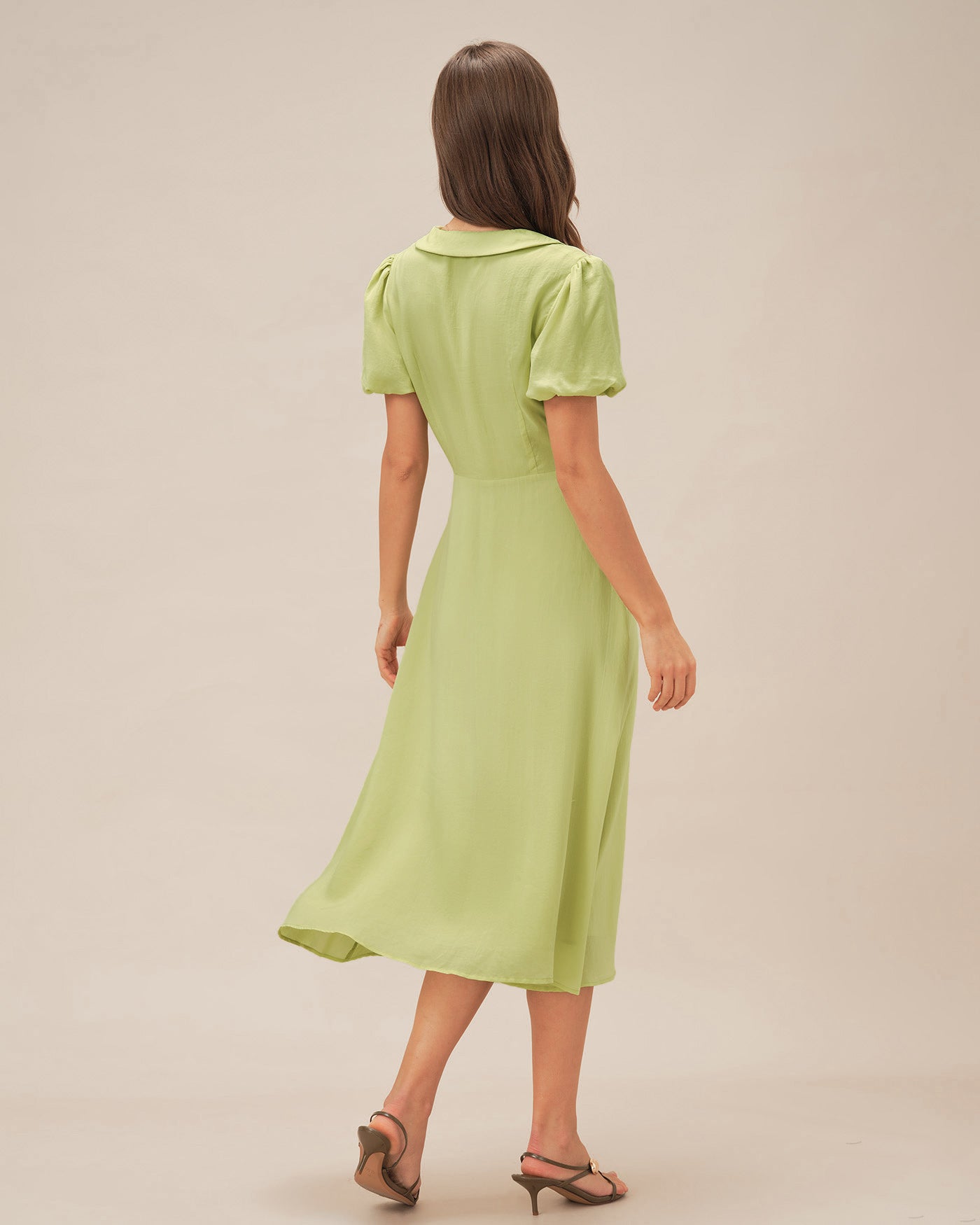 Vestido Midi Botón de Cuello Verde