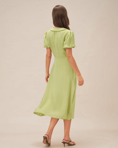 Vestido Midi Botón de Cuello Verde