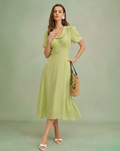 Vestido Midi Botón de Cuello Verde