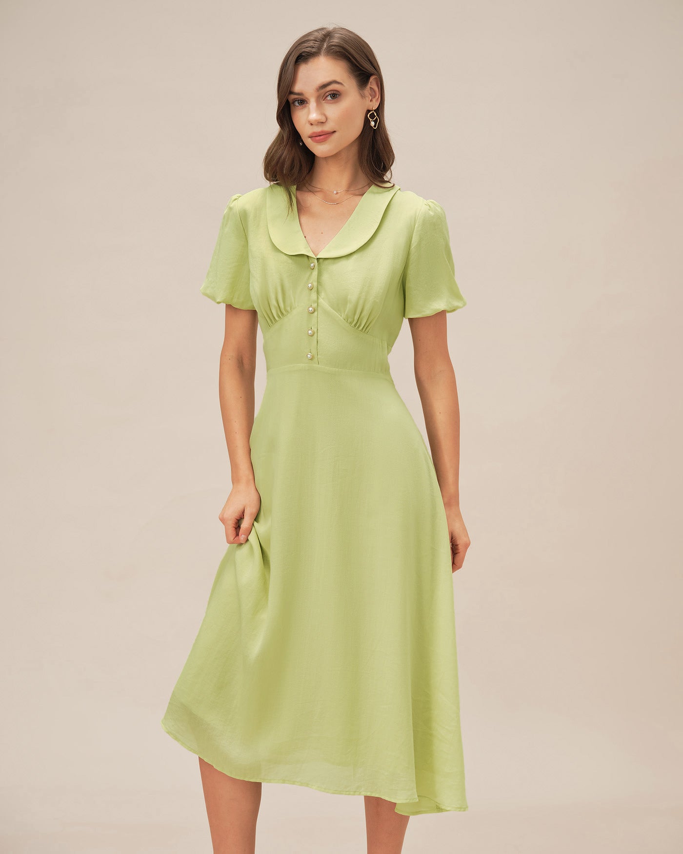 Vestido Midi Botón de Cuello Verde