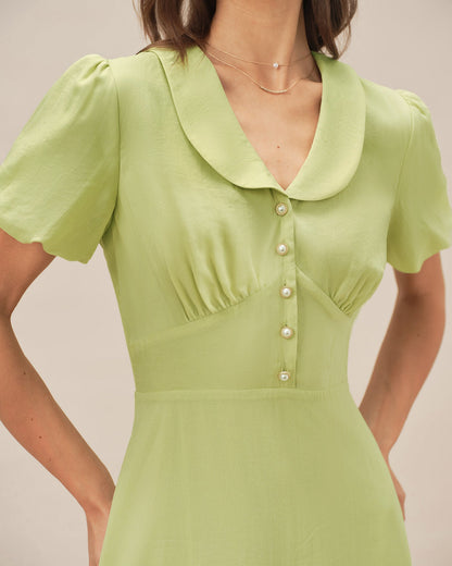 Vestido Midi Botón de Cuello Verde