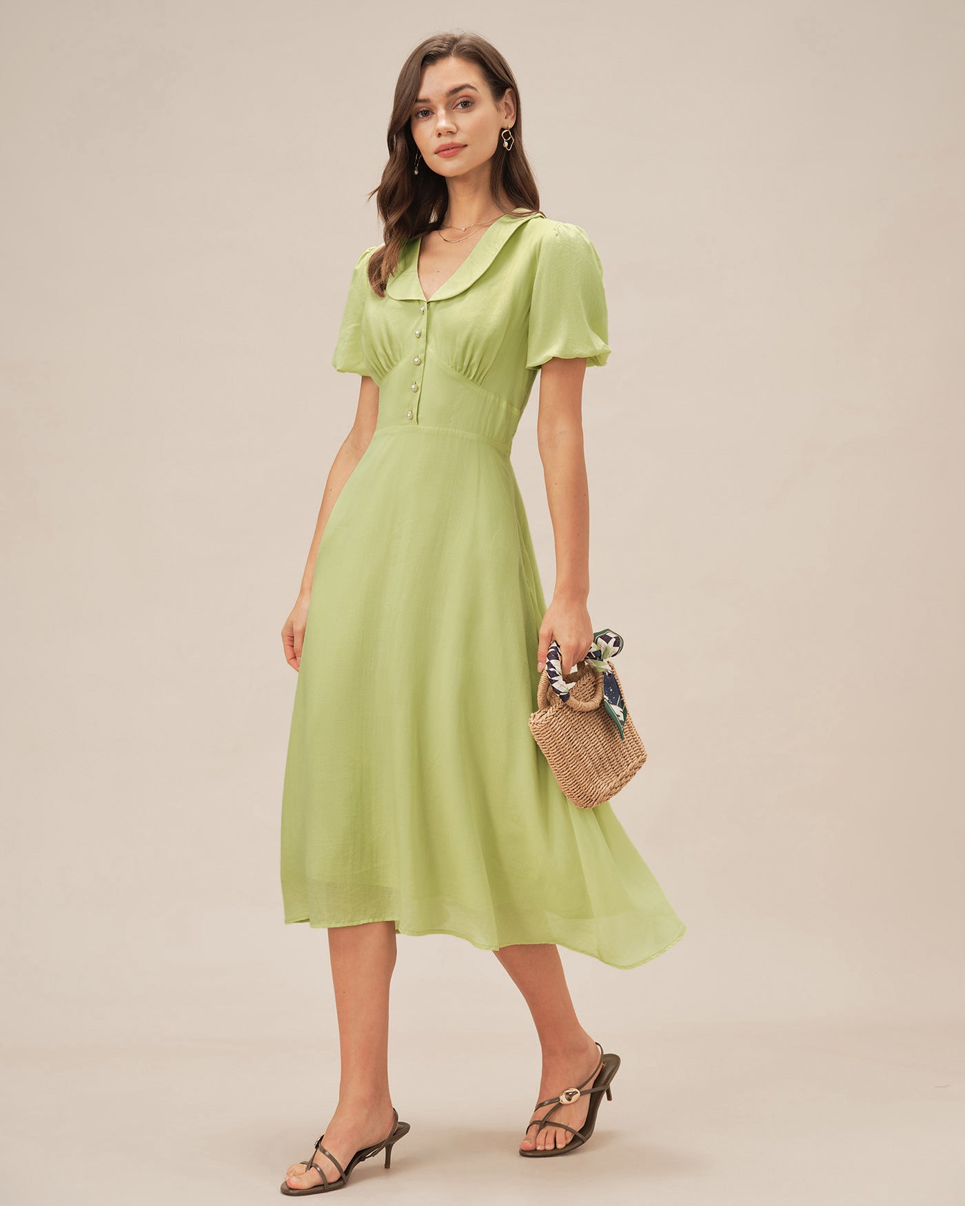 Vestido Midi Botón de Cuello Verde