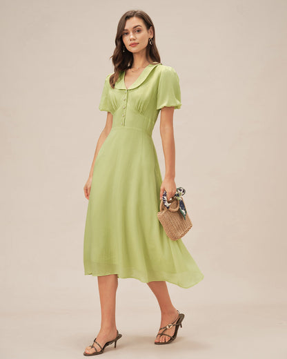 Vestido Midi Botón de Cuello Verde