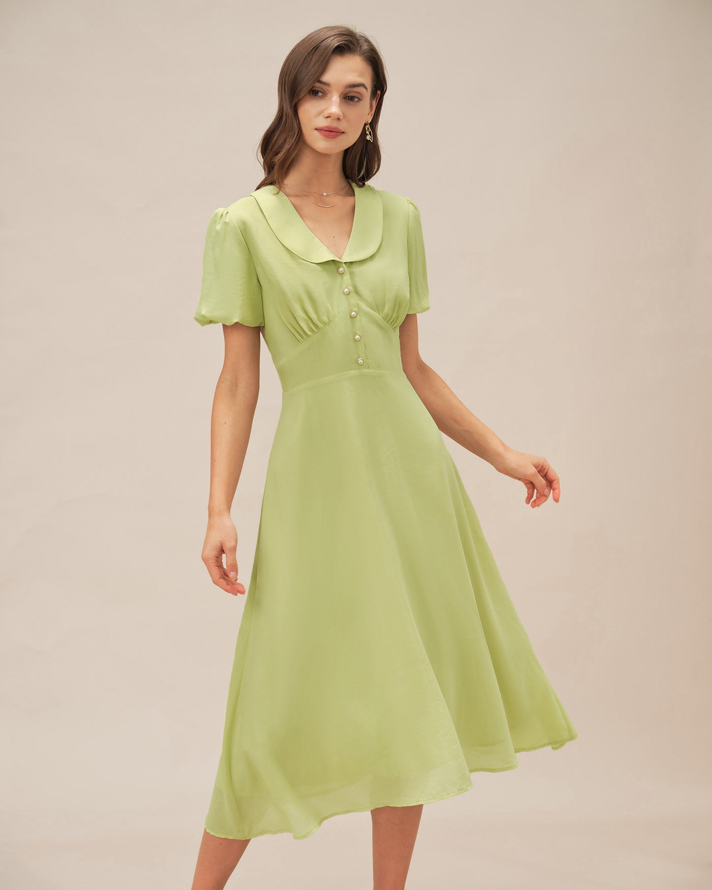 Vestido Midi Botón de Cuello Verde