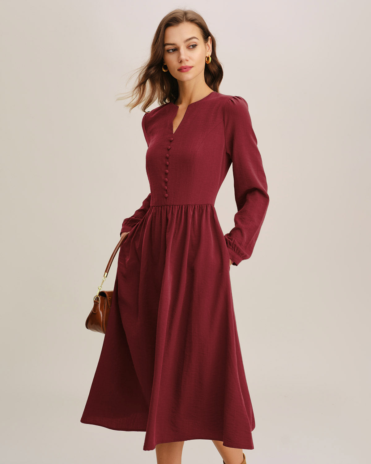 Vestido Midi A-Line de Manga Francesa Roja