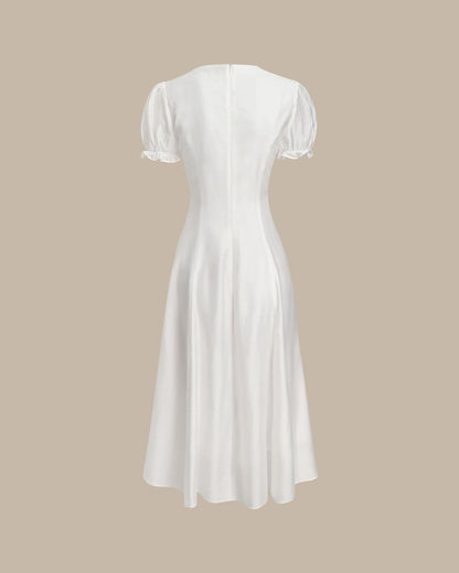Vestido Midi de Cuello en V con Mangas Abullonadas Blancas