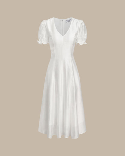 Vestido Midi de Cuello en V con Mangas Abullonadas Blancas