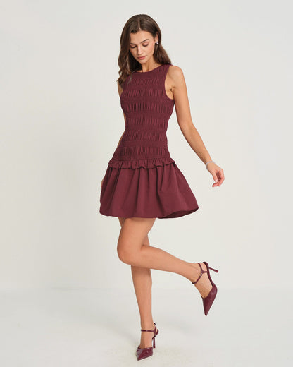 Vestido Mini Sin Mangas Arrugado Color Rojo Vino