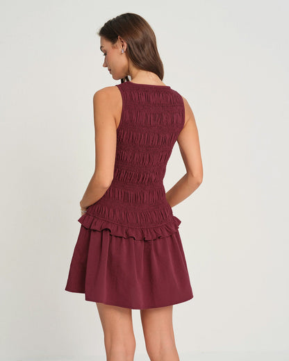 Vestido Mini Sin Mangas Arrugado Color Rojo Vino